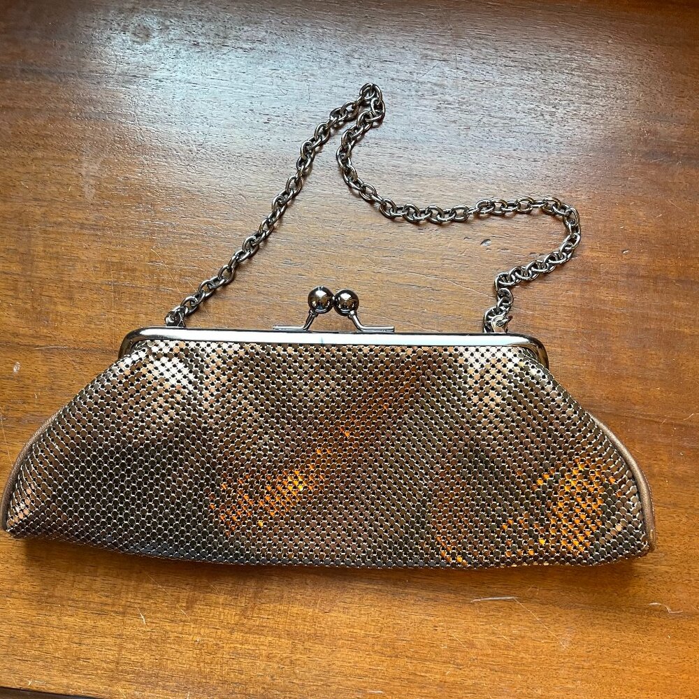 Whiting & Davis Bronze metal mesh body with contrasting gunmetal frame and chain